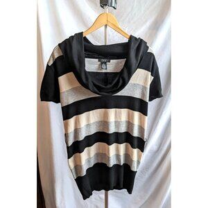 DEB Black Cream Blue Striped Sweater Short Sleeve Tunic Sweater CowlNeck Size 2X